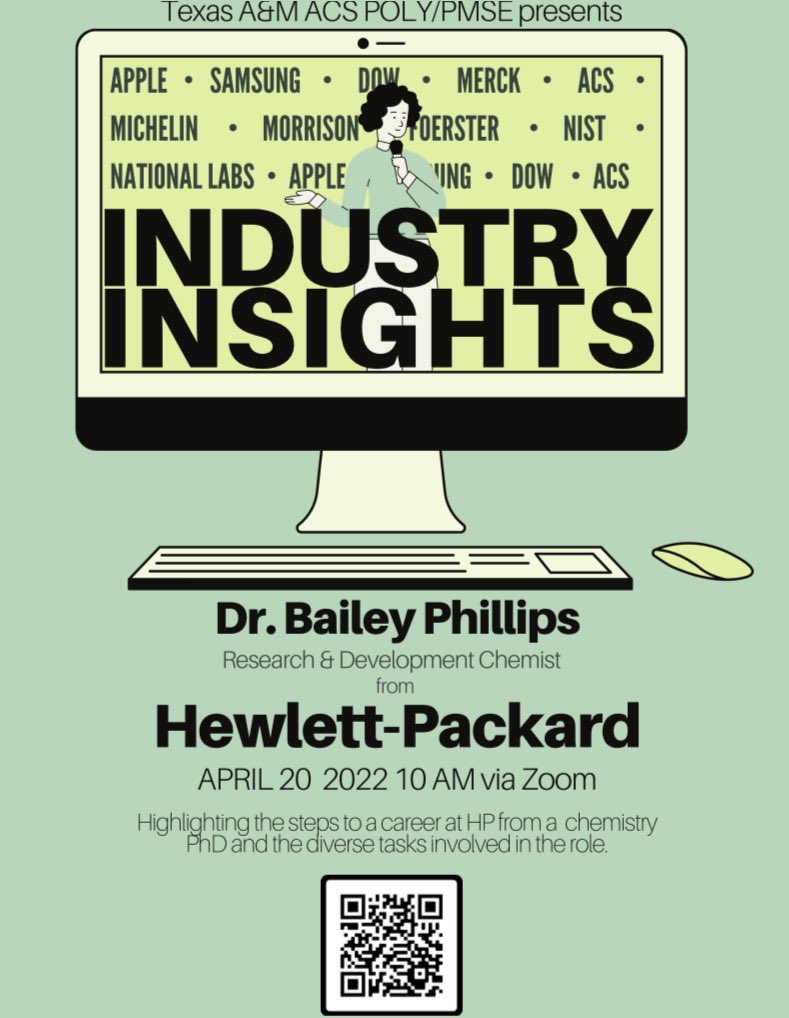 tamu_polypmse's tweet photo. We will host Dr. Bailey Phillips (past member of Prof. Lei Fang’s group @TAMUChemistry), a Research and Development Chemist at HP on Wed, 04/20 at 10 AM on Zoom (see link below). The talk will be followed by a Q&amp;A/networking session. Open to all! https://t.co/XK8FRrOCJZ