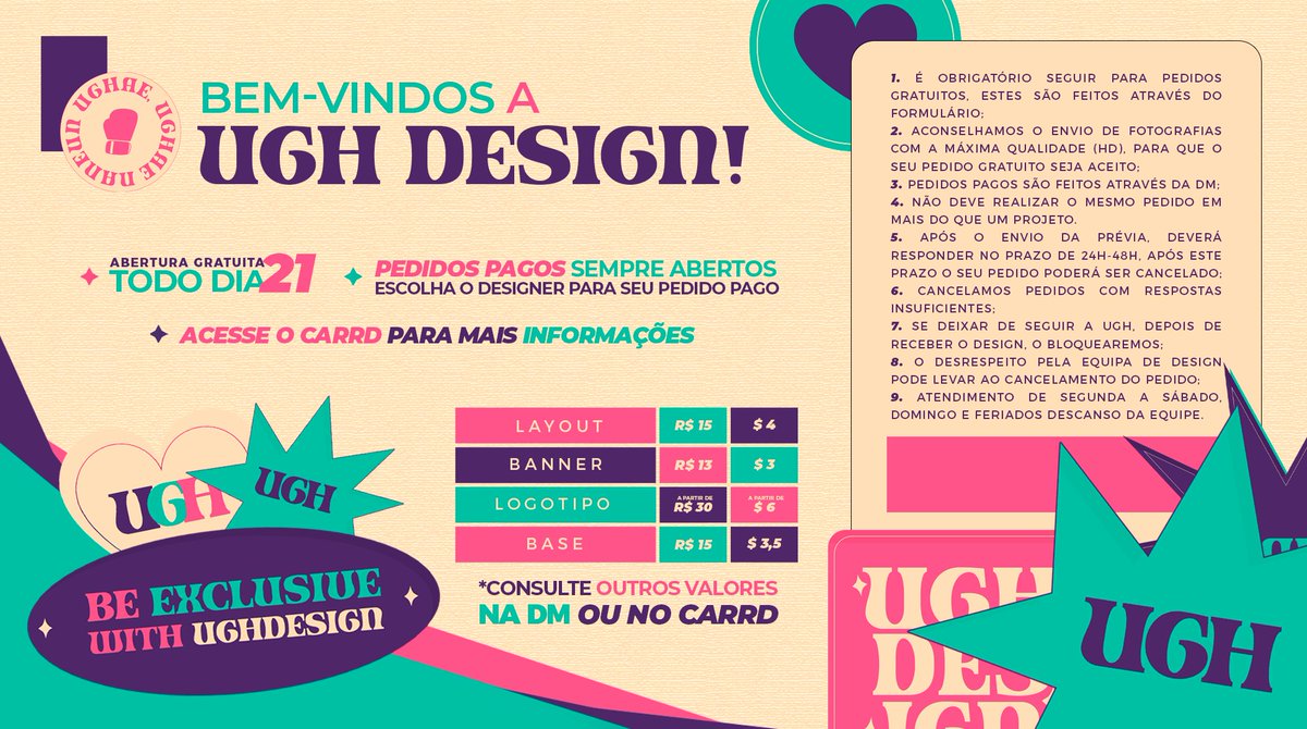 ✨ 𝐁𝐄𝐌 𝐕𝐈𝐍𝐃𝐎 𝐀 𝐔𝐆𝐇 𝐃𝐄𝐒𝐈𝐆𝐍 
꒰📆Cronograma: encurtador.com.br/rHPU5
꒰🗂 Site: ughdesign.carrd.co
꒰👤Atendimento de 2ª a Sábado.