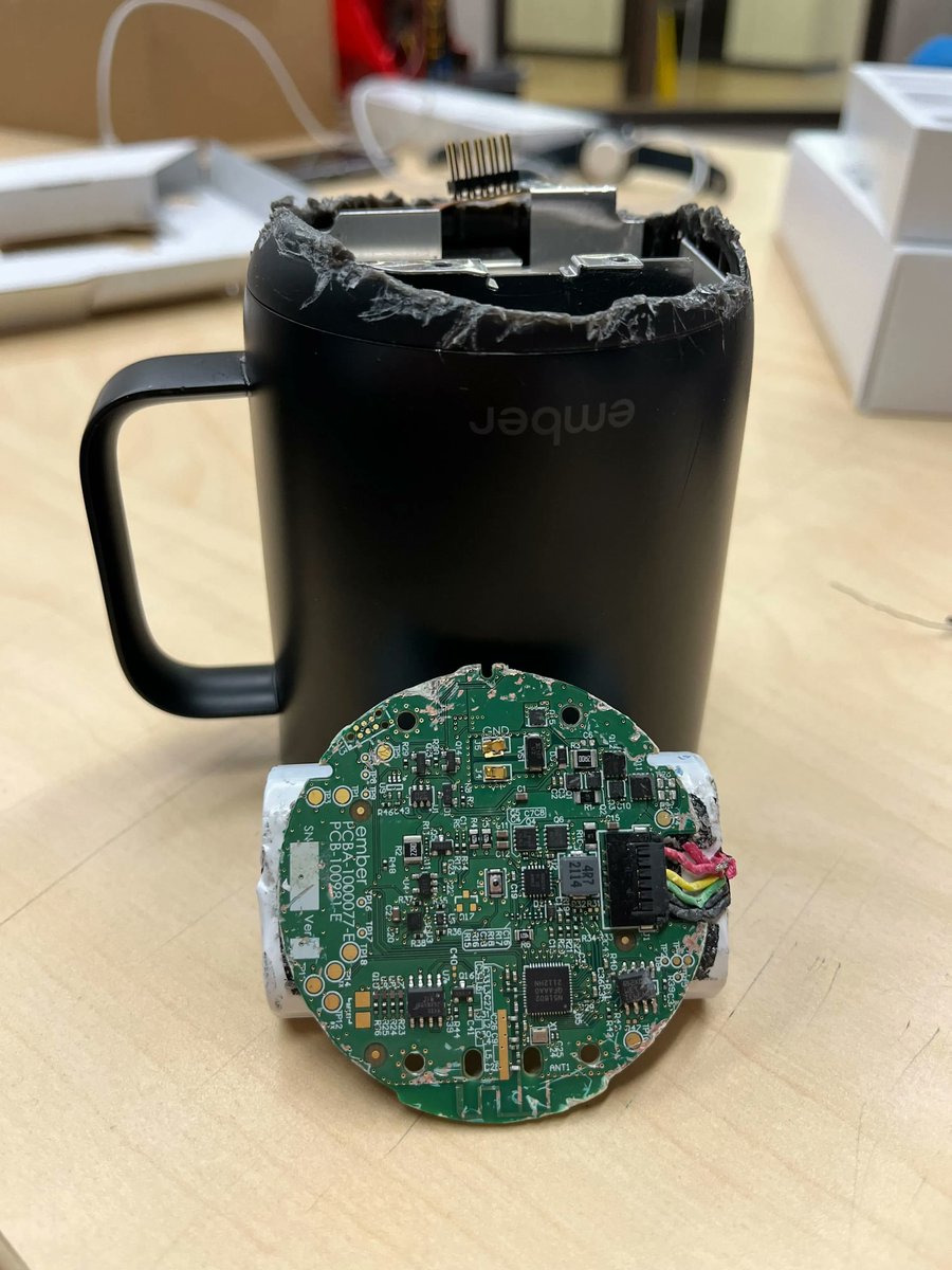 leahycenter's tweet photo. The IoT Analysis team finished disassembling the #EmberMug. This was a very long process, but they were able to successfully get out the circuit board.
#leahycenteriot #champforensics #IoT https://t.co/U2AGZ2FVU1