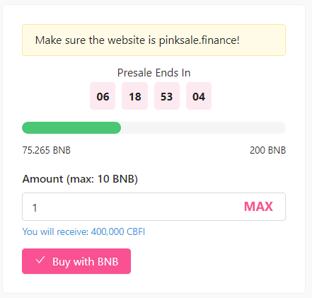 CoinBox Finance (@coinboxfinance) on Twitter photo The Presale of #CBFI tokens launch in
<a href="/pinkecosystem/">PinkSale (Pink Ecosystem)</a>
Launchpad through IDO went smoothly.🥰
In just 6 hours, almost 37.63% have been successfully owned. 😲🔥
Make sure you don’t miss out on the opportunities available.🌈
Pinksale IDO Launchpad link: pinksale.finance/#/launchpad/0x… The Presale of #CBFI tokens launch in
<a href="/pinkecosystem/">PinkSale (Pink Ecosystem)</a>
Launchpad through IDO went smoothly.🥰
In just 6 hours, almost 37.63% have been successfully owned. 😲🔥
Make sure you don’t miss out on the opportunities available.🌈
Pinksale IDO Launchpad link: pinksale.finance/#/launchpad/0x…