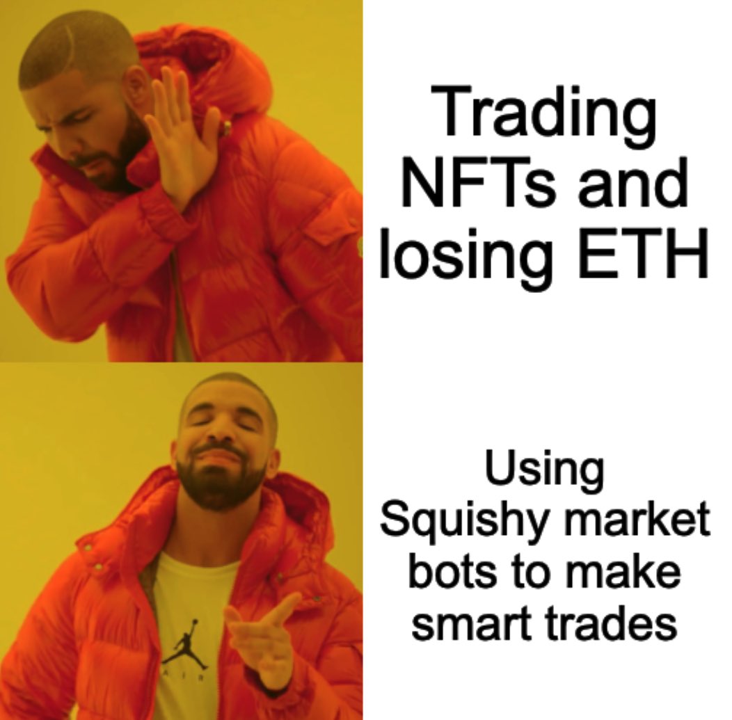 PortlockLabs's tweet photo. REMINDER: Our market bot meme contest ends in just a few hours (9pm EDT)!!! Be sure to be following @SquishySquadNFT and post your entry with #SquishyBotMemes! May the best meme win! (Must be a holder to win) https://t.co/8F9o8CpCKS