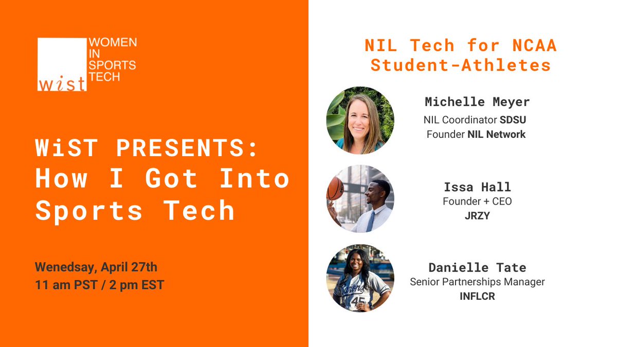 WomenSportsTech's tweet photo. Join us for a panel discussion on NIL Technology for NCAA Student-Athletes with Michelle Meyer, @NILNetwork Founder and @SDSU NIL Coordinator; @issa_hall, CEO + Founder of @jrzyverse; and Danielle Tate, Senior Partnerships Manager at @INFLCR. https://t.co/nhad4Ly3G5