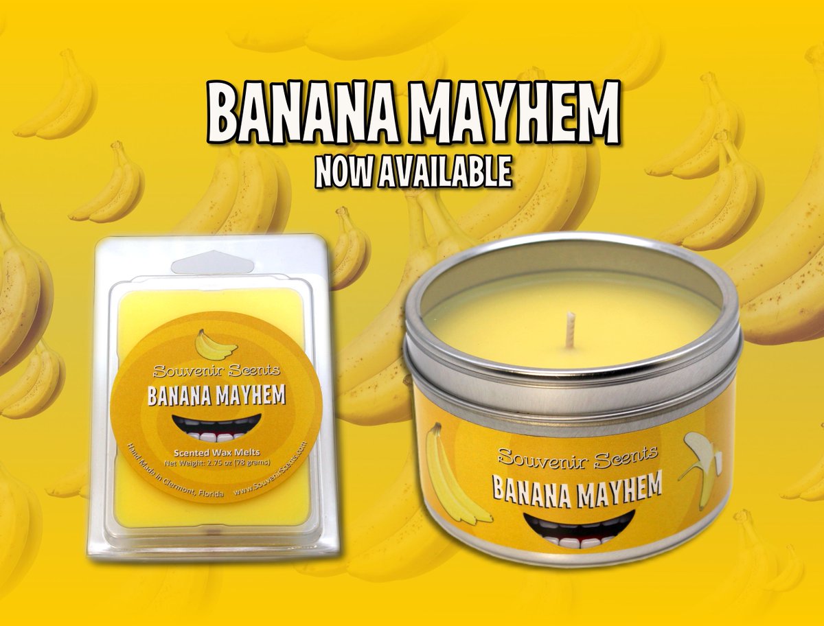 NOW AVAILABLE: Banana Mayhem

Don't worry, you don’t have to worry about those little guys trying any mischief to get this new candle or melts from you.

This scent is just plain bananas! And it may remind you of a certain large gorilla's banana breath too souvenirscents.com/products/banan…