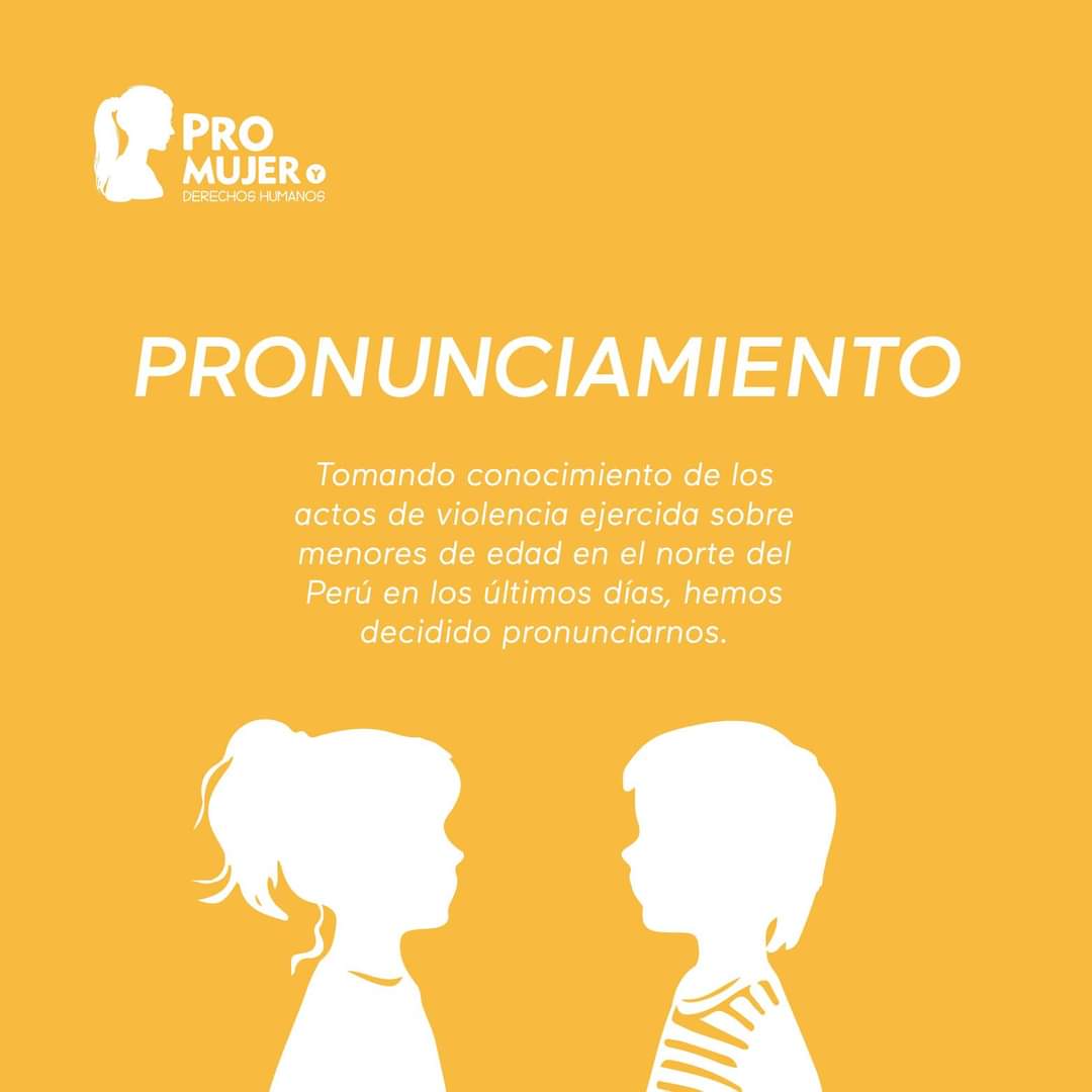 PromujerDDHH's tweet photo. 📣 #PRONUNCIAMIENTO
Tomando conocimiento de los actos de violencia ejercida sobre los menores de edad en el norte del Perú (Chiclayo y Tarapoto) en los últimos días, hemos decidido pronunciarnos. (1/6) 🧵 https://t.co/tjrE8bZlyM