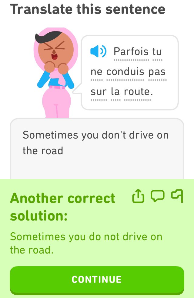 everydayangle's tweet photo. @duolingo how did you know that I’m learning to drive? The compliments fill me with joy. https://t.co/c8lRombOoq