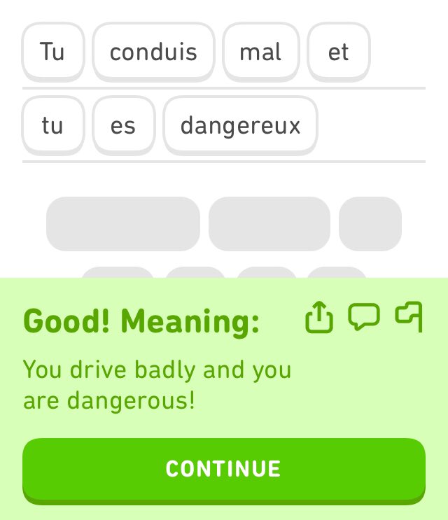 everydayangle's tweet photo. @duolingo how did you know that I’m learning to drive? The compliments fill me with joy. https://t.co/c8lRombOoq