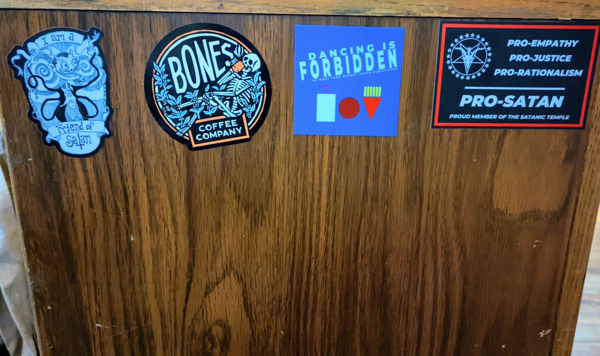 Beuford2Beuford's tweet photo. I think my @AquaTeenPod sticker looks nice living next to my Satan stickers.
#DancingIsForbidden https://t.co/KWQZyyr425