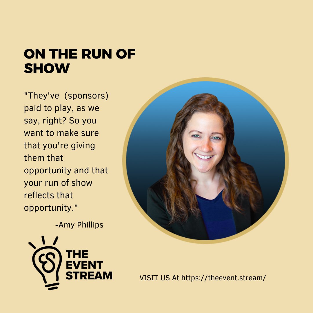 TheEventStream's tweet photo. Have you considered how you will include your #sponsors into your #RunOfShow yet? Be sure to checkout our #youtubechannel and watch our episode: "Leveraging Your Run of Show to Give Your Attendees an Unforgettable Experience".
#eventprofs #virtualevents #theeventstream https://t.co/dibpgagAFw