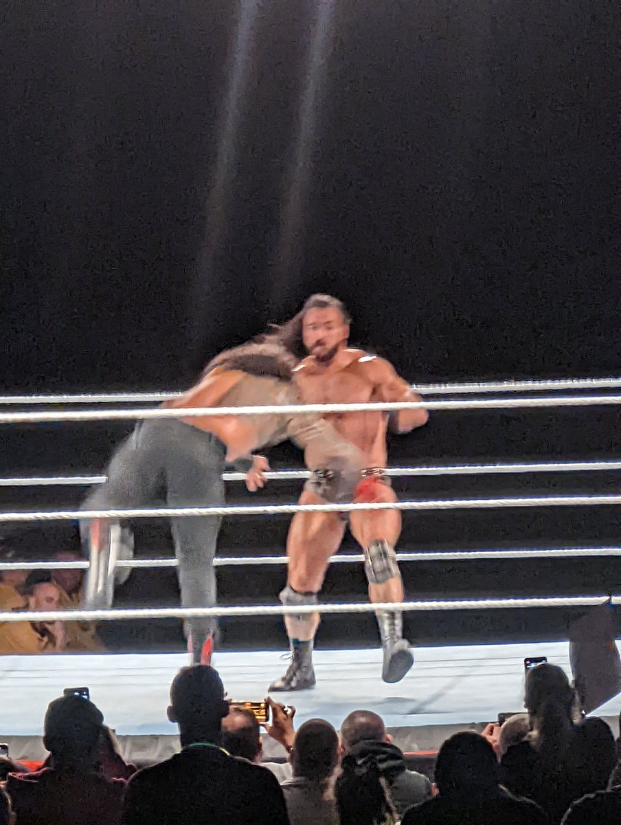 <a href="/DMcIntyreWWE/">Drew</a> 1/2 a second before taking a spear from <a href="/WWERomanReigns/">Roman Reigns</a>  #wweerie