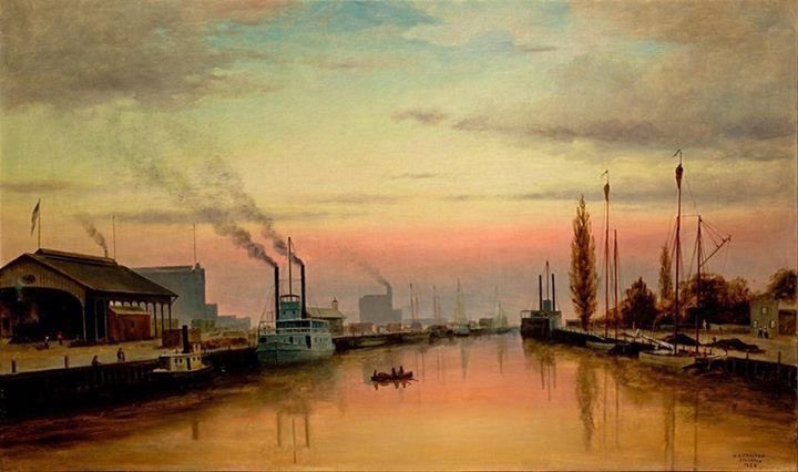 SuziattheHaggin's tweet photo. The #StocktonChannel by #WilliamAlexanderCoulter. This Coulter painting (1884) depicts a scene of the #Stockton Channel looking west from El Dorado Street at twilight. This painting is a beautiful combination of both the art and history of our region. #HagginMuseum #StocktonCA https://t.co/NPYOiHOvp9