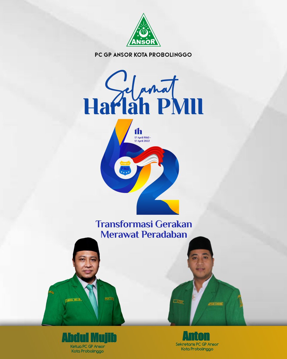 ansorkotaprob's tweet photo. Selamat Harlah PMII Ke 62 "Transformasi Gerakan Merawat Peradaban"

#HarlahPMII62 https://t.co/Xfkk4EgFcW