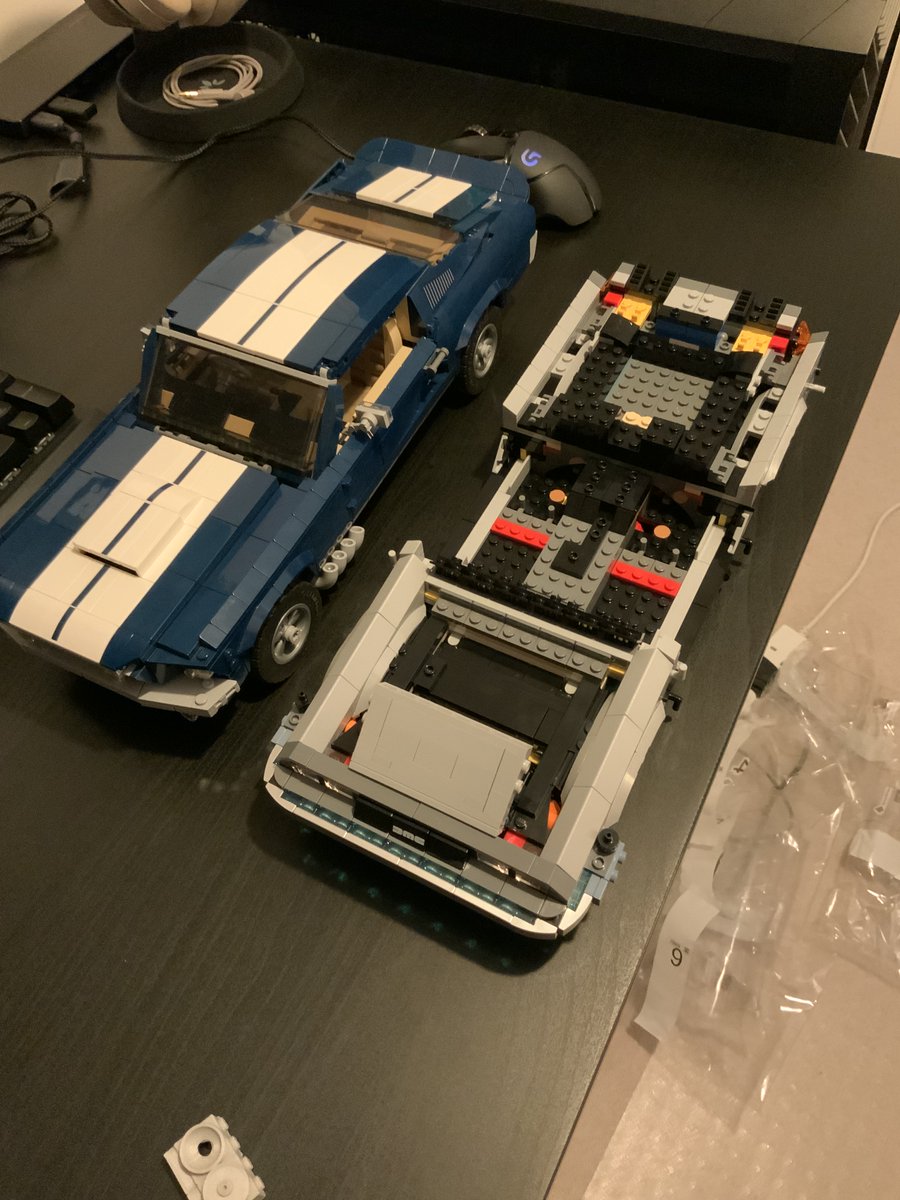 jbrowneuk's tweet photo. Been streaming building the new LEGO Back to the Future DeLorean model. Taking it slow and chatting mostly but it’s fun so far. Pictured next to the LEGO Ford Mustang for scale. (Odd lighting because it’s midnight here) https://t.co/c3xD12Jg5T