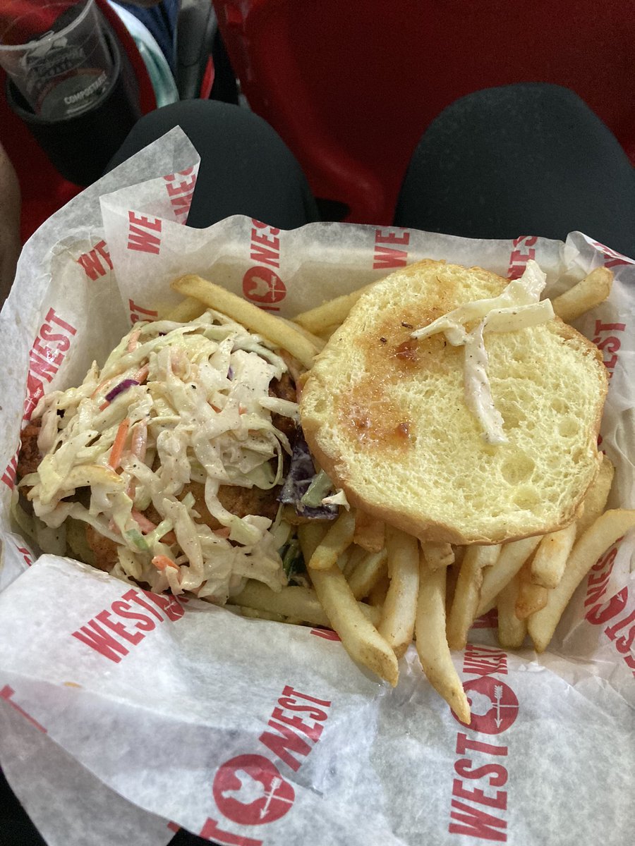 Chicken sandwich with slaw, bacon, jalapeño jam and fries at Atlanta United. $11 - scran? <a href="/FootyScran/">Footy Scran</a>