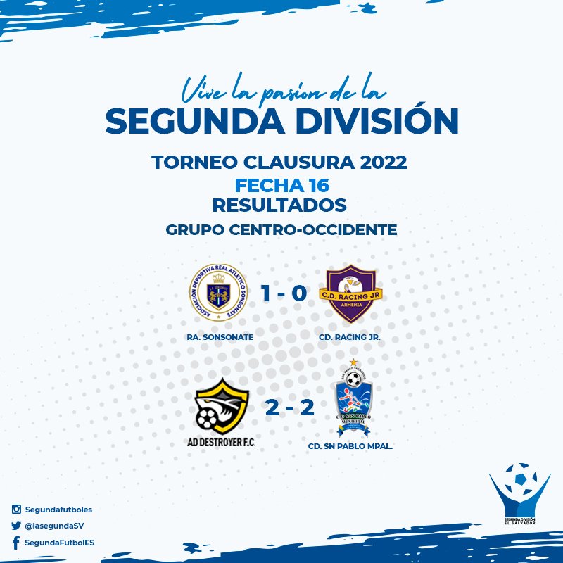 Segunda División de Fútbol de El Salvador on "Resultados de los partidos jugados hasta hoy, fecha 16, Clausura 2022 Grupo Centro-Occidente https://t.co/Rd6tNFtF8F" / Twitter