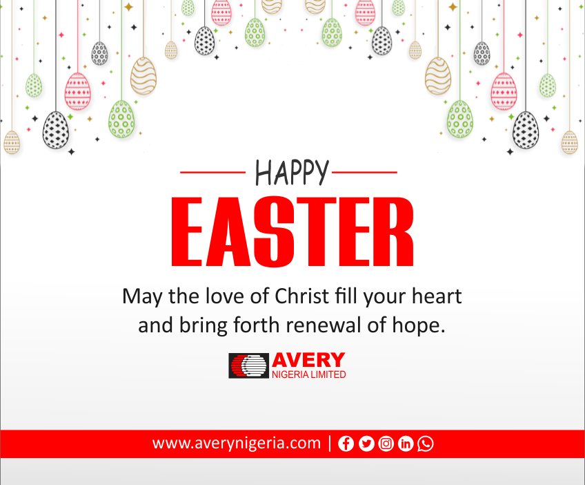 AveryNigeria's tweet photo. Let us spread love and cheer for Easter is here!
Happy Easter!
https://t.co/Z6B27zMBll
#HappyEaster #manufacturing #agriculture #pharmaceuticals #industry #foodandbeverages #production #oilandgas #weighingscale #digitalscale #continousinkjet #laser #codingmachine #celebration https://t.co/OoaM9wmBcF
