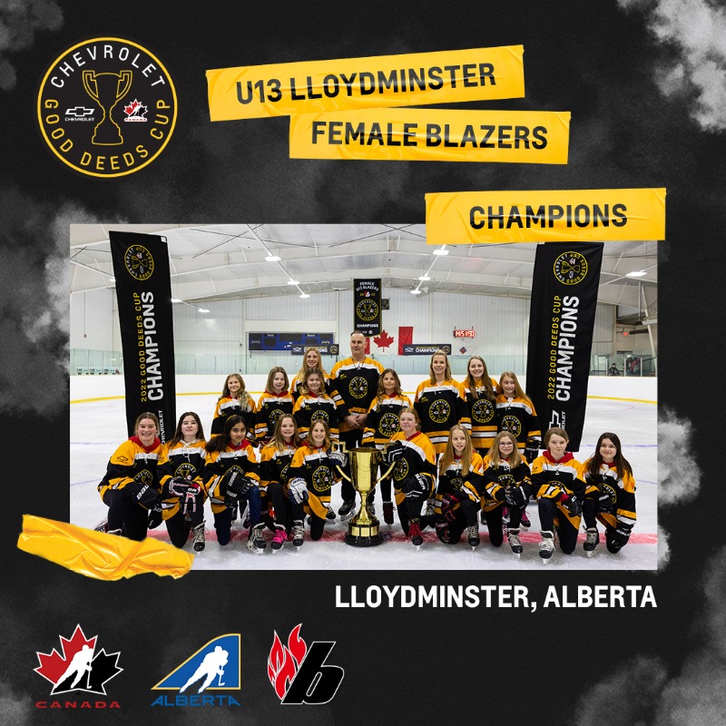HockeyCanada's tweet photo. Congratulations to the 2022 @ChevroletCanada #GoodDeedsCup champions, the Lloydminster Blazers! 🏆

Read how @Lloydminsterfe advocated for their local rink to become fully accessible. ⤵️

@HockeyAlberta