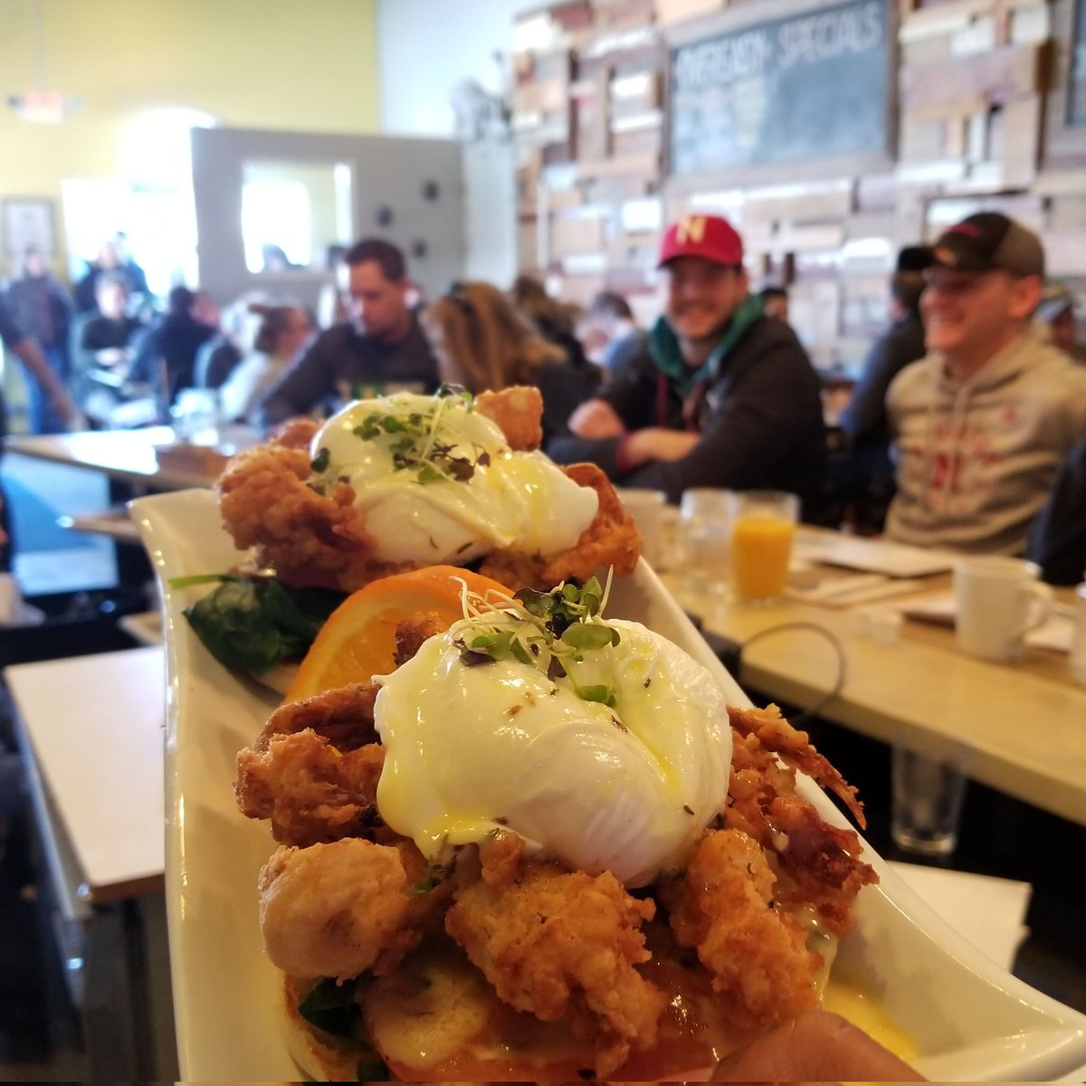 OVEREASYOmaha's tweet photo. 🦀🍳 Soft Shell Crab Eggs Benedict!
🍓🍋🍾 Strawberry Lemonade Mimosas!
🌿🍯 Lavender Honey Chicken and Waffles!

Easter Sunday Brunch is ready for you and the family. 🐰 
We open at 7:30 and we cant wait to see you.

Happy Easter everyone! https://t.co/yRzBEWIWkv