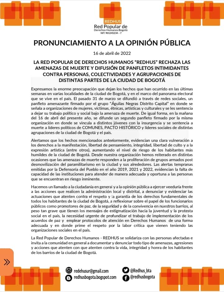 🔴Pronunciamiento a la opinión pública frente a los panfletos amenazantes por partes de grupos armados post desmovilizacion contra colectivos comunitarios, organizaciones sociales y políticas
