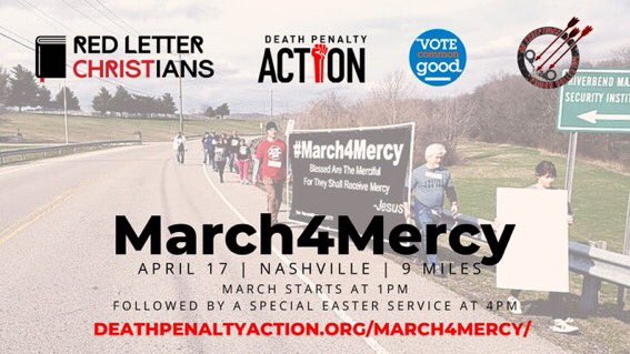 ShaneClaiborne's tweet photo. Tomorrow is Easter! Join us as we celebrate the defeat of death by rallying for a defeat of the death penalty. We will be walking 9 miles on the #March4Mercy, from death row to the Capitol and will have an Easter service at 4pmCT. Join us in person or online! https://t.co/ZhXP6jxLEr