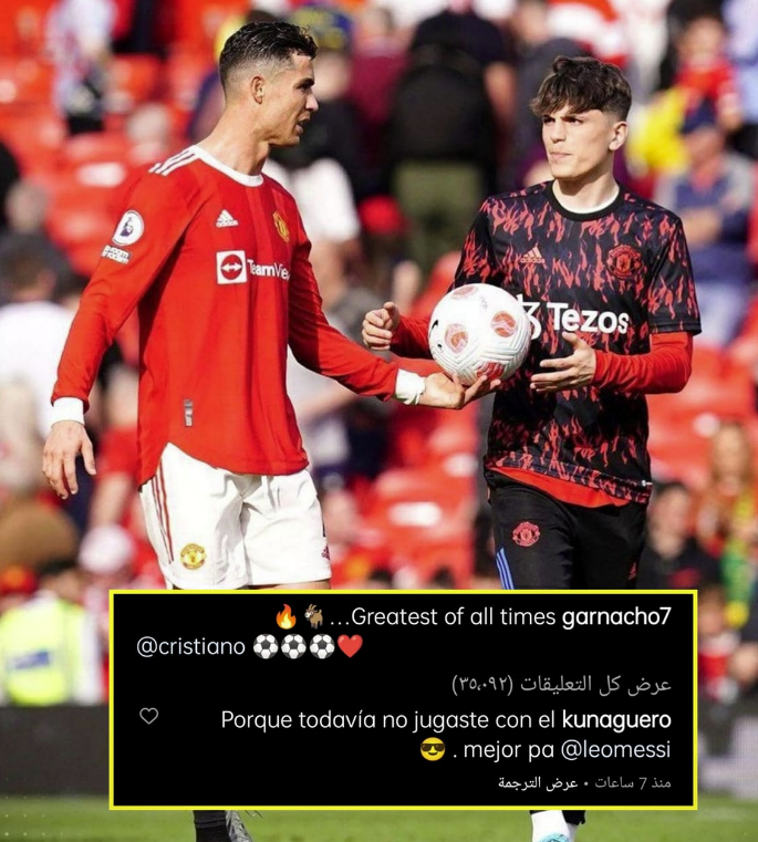 champ_stream's tweet photo. بعدما أهداه رونالدو كرة الهاتريك أليخاندرو جارناتشو عبر انستجرام: رونالدو الأفضل بالتاريخ 🔥❤️
ليرد سيرخيو أجويرو:
مازلت لم تلعب مع أفضل لاعب بعد .. ليونيل ميسي 😎 https://t.co/Q2C2Uf3M6B