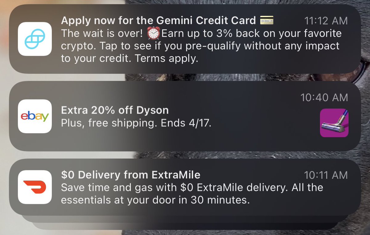 AaronColeSmith's tweet photo. App Notifications need a spam filter @Apple — @Gemini @eBay @DoorDash — how can I filter out promo notifications? https://t.co/SxP7nnbYLC