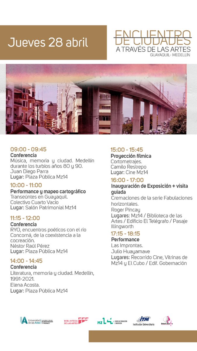 Estamos listos para el Encuentro de ciudades a través de las artes Guayaquil-Medellín que empieza el lunes 25 de abril.
¡Los esperamos!