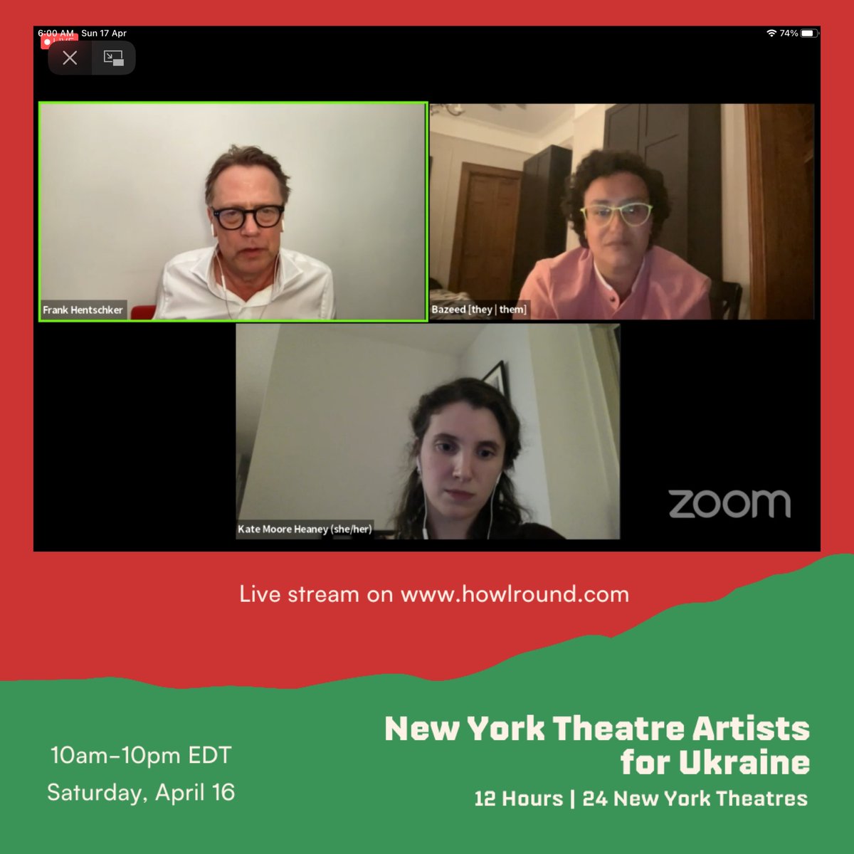 segalcenter's tweet photo. #NYTheatreArtistsForUkraine: Rich, beautiful pieces made in response to global current events, diaspora 
and displacement, by artists Mariam Bazeed and Noelle Ghoussaini, in the session with @NoorTheatre. 

Tune in to the ongoing marathon: https://t.co/Y9BvhZe7Fl https://t.co/wdM2Dfcjik