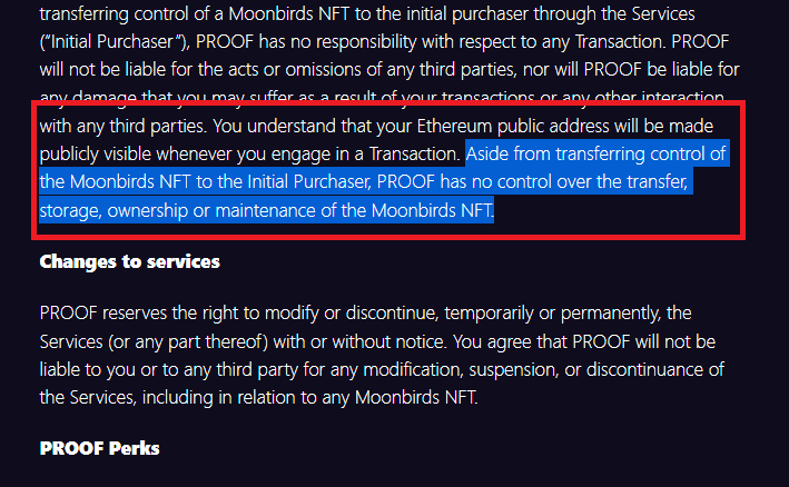 NFTherder's tweet photo. When buying Moonbirds NFT you adhere to their Terms of Service. There the creator PROOF claims that they have no control of the storage or ownership

Yet the blockchain shows that they're factually incorrect. Lets take a look 👇👇 https://t.co/1ruNreWU9r