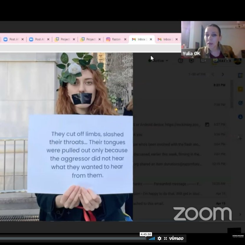 segalcenter's tweet photo. #NYTheatreArtistsForUkraine Live: Yulia repping @razomforukraine, an organisation raising emergency funds, and sharing images of flash mobs calling attention to the crisis in Ukraine. Donate here: https://t.co/oZXWD0NIzT https://t.co/mGpzVfXt4g