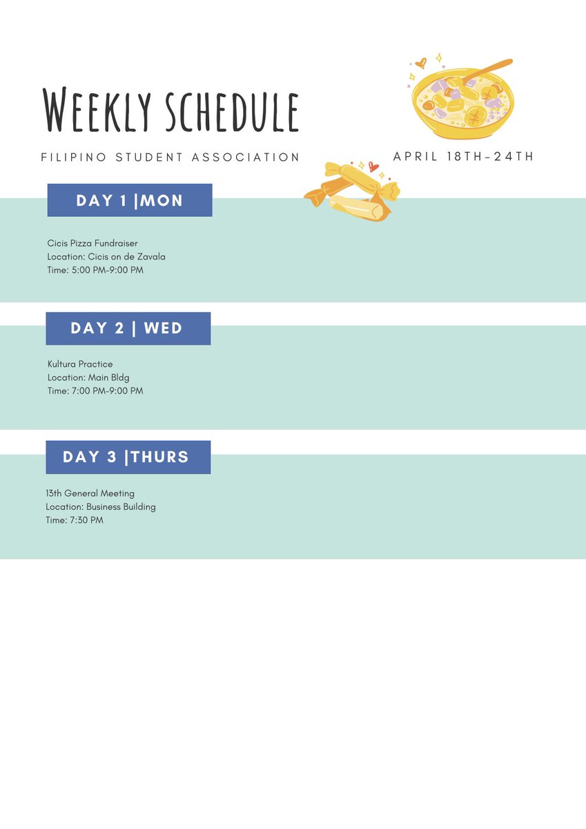 Mabuhay everyone!

Here is next weeks schedule. More information about important events will be posted as we progress throughout the week. Salamat po!