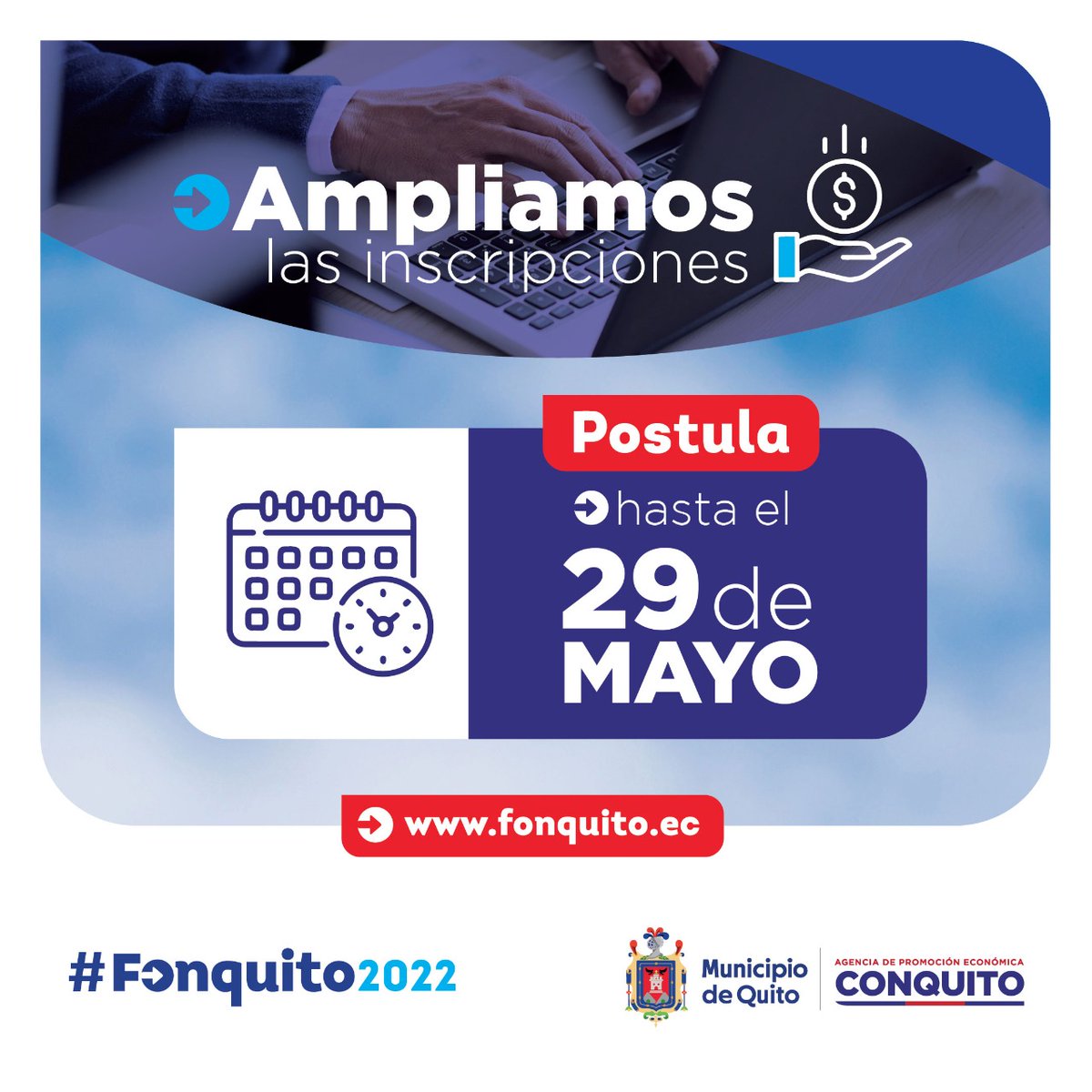 ¡Emprendedores, tenemos buenas noticias! 🎉

Extendimos la fecha de inscripciones en #FONQUITO 2022 hasta el 29 de mayo.

Ahora tienes más oportunidades de participar por #CapitalSemilla. Hasta USD 25.000💰 NO reembolsables.

Más información en fonquito.ec