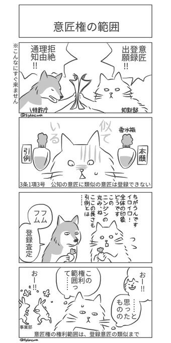 #日曜知財劇場 2022年16本め 知財部、意匠担当ねこ🐈 事業部うさぎのニンジン型香水瓶を意匠登録出願🥕  物品ははじめうさぎの目の充血向けの目薬の容器だったが紆余曲折、香水瓶に🐇(「の」が多い)  #4コマ漫画 #知財マンガ #漫画が読めるハッシュタグ #意匠