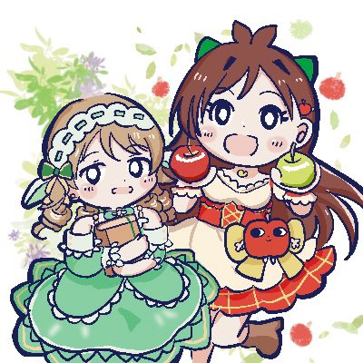 morikubo nono multiple girls 2girls apple food brown hair dress fruit  illustration images