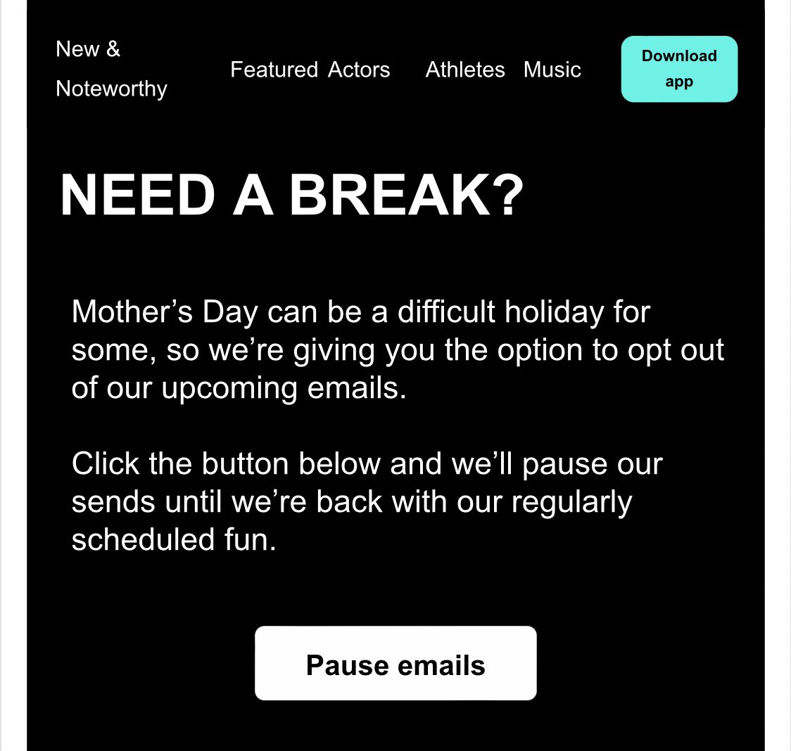 DMKayahara's tweet photo. We pause our previously scheduled #badvertising for some unexpected #radvertising: @BookCameo giving me the chance to opt out of Mother’s Day promotions while making sure I don’t rage quit from their list entirely. 👍 https://t.co/jwY2Cv6zIL