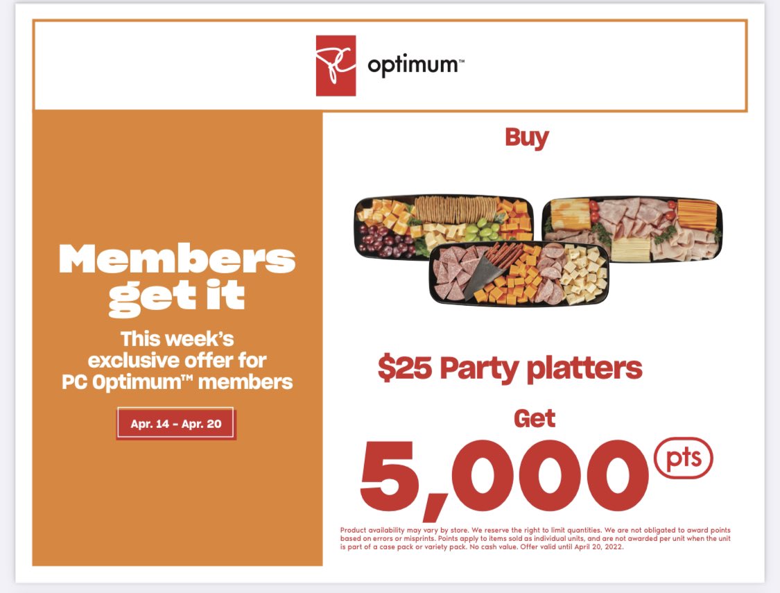 Having friends and family over? Need a snack? Grab a $25 Party Platter and get 5,000 PC Optimum 
#friends #family #snacks #platter #points https://t.co/LZMTrdmDT9