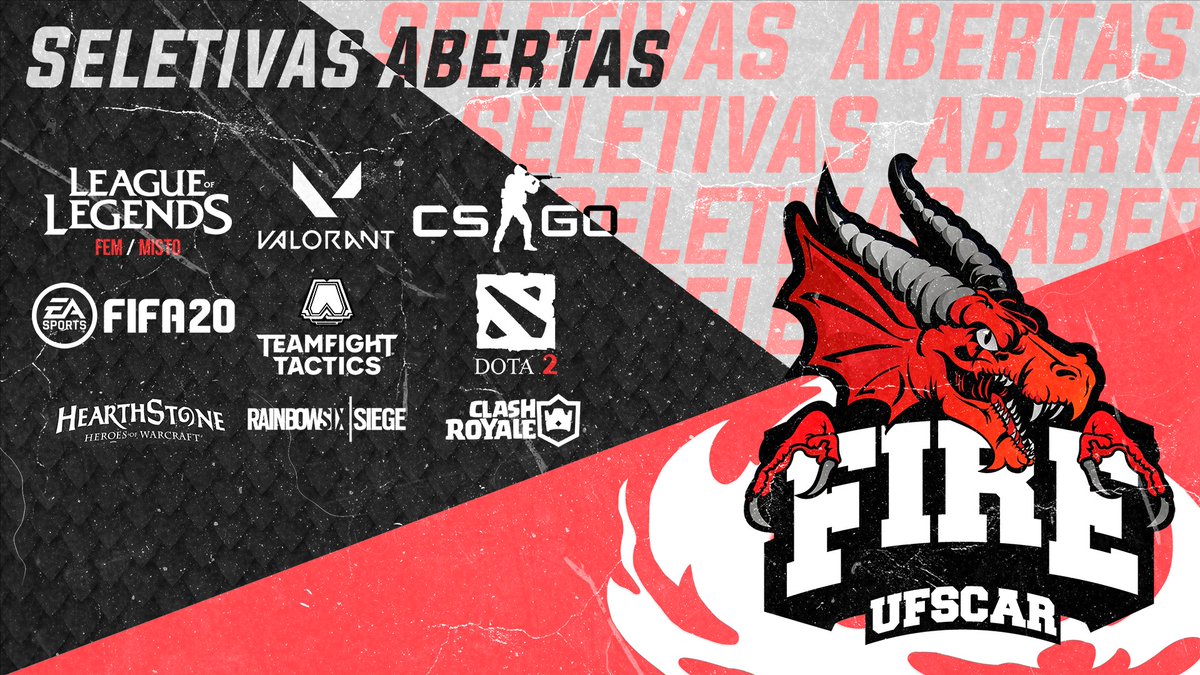 Seletivas para as modalidades de eSports abertas! Você que é aluno da UFSCar, venha mostrar suas habilidades em games e competir pela universidade! 
Link das Seletivas: linktr.ee/ufscarfire
Siga a gente no Instagram: instagram.com/ufscarfire/
#goFIRE