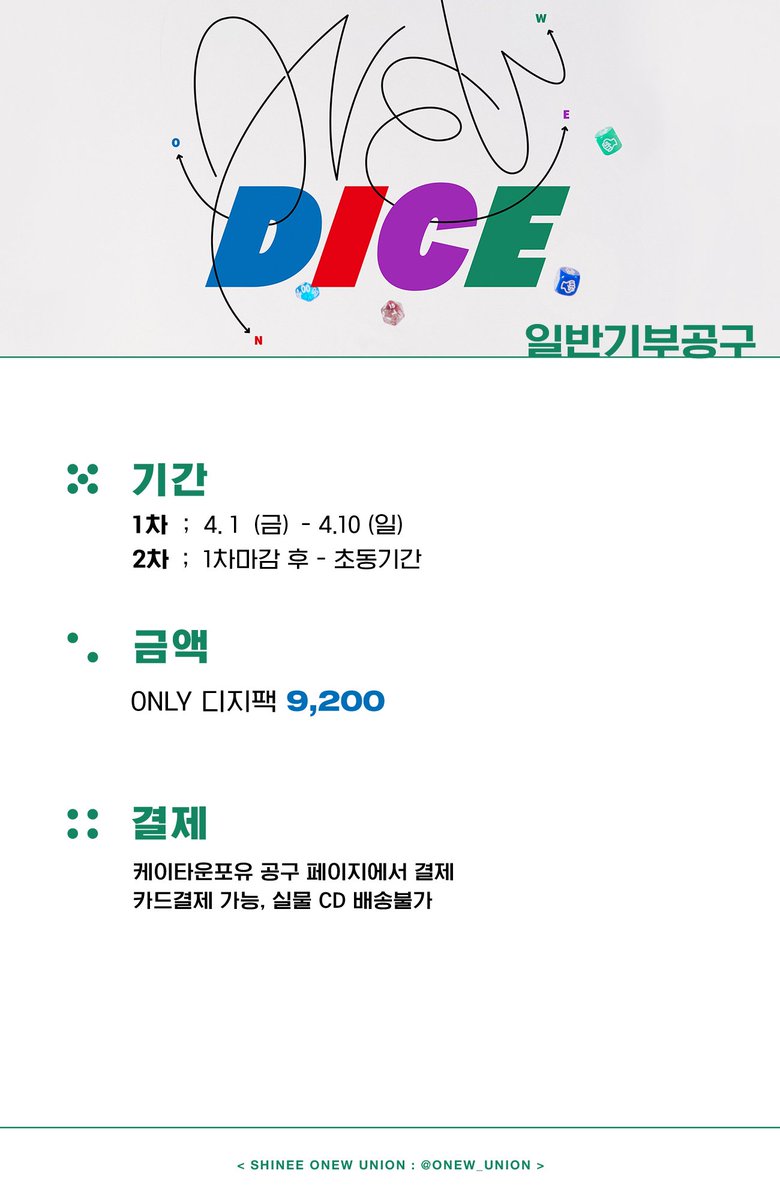 onew_union's tweet photo. ONEW The 2nd Mini Album 𝘿𝙄𝘾𝙀
🎲 일반/기부 공동구매 마감 안내 🎲 
- 금일 오전 11시40분 마감 (무통장❎)
💙 핫트랙스
https://t.co/pYurnJO5N4 
❤️ 케이타운포유
https://t.co/ut5xX9kvxr 
💜 모금기부 (계좌이체)
https://t.co/ZDonC3FlCb 
💚 일반기부 (사이트구매)
https://t.co/M85oKJoBq4 https://t.co/DLQohRtvxD