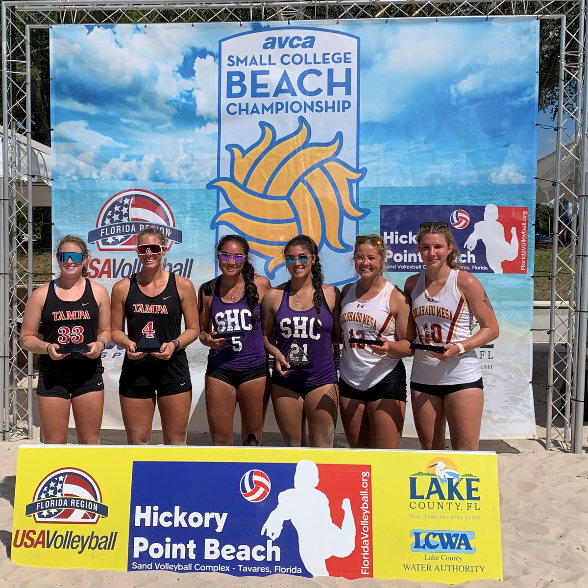 AVCAVolleyball's tweet photo. The 2022 AVCA Small College Beach Championship DII Champion is Colorado Mesa, who beat Spring Hill 3-1. Hanhi Johnson and Savannah Spitzer (Colorado Mesa), Kassandra Fairly and Jessie Fairly (Spring Hill), and Kirsten Anderson and Maddie Brunick (Tampa) were named All-Americans. https://t.co/teBLmAulWS
