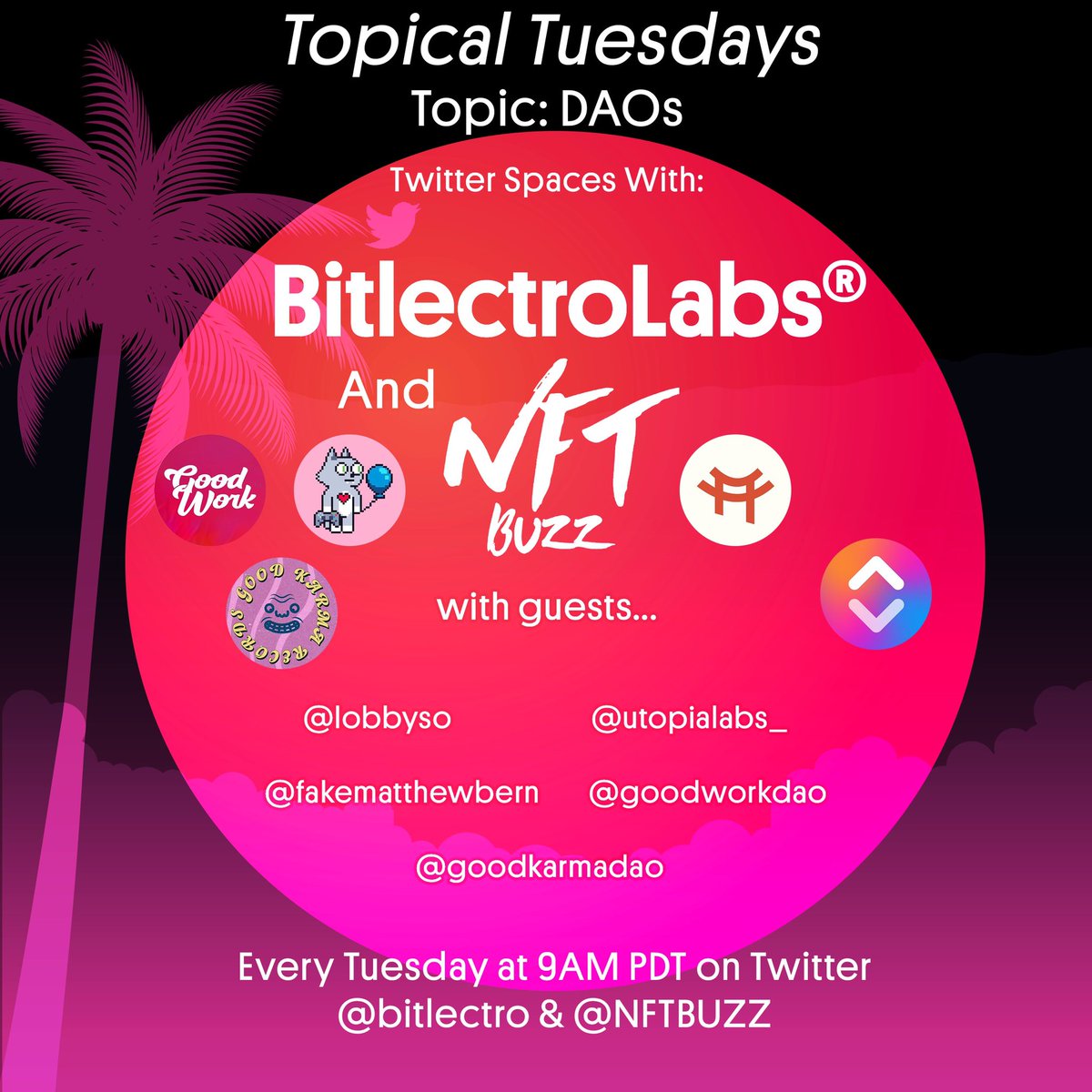 Just DAO it. Next week’s 🌴 Topical Tuesday 🌴 with <a href="/NFTBUZZ/">🌜✦🌛</a> is all about DAOs and their place in the web3 ecosystem. 

Guests include <a href="/lobbyso/">Lobby</a>, <a href="/utopialabs_/">Utopia Labs</a>, <a href="/fakematthewbern/">Matthew Bern</a>, @goodworkDAO, and <a href="/goodkarmadao/">Good Karma DAO | DAZ MERCHANT ON SOUND.XYZ NOW!</a>. 

Tuesday at 9 am PST 🕘

👇 Set Reminder 👇
x.com/i/spaces/1rmGP…