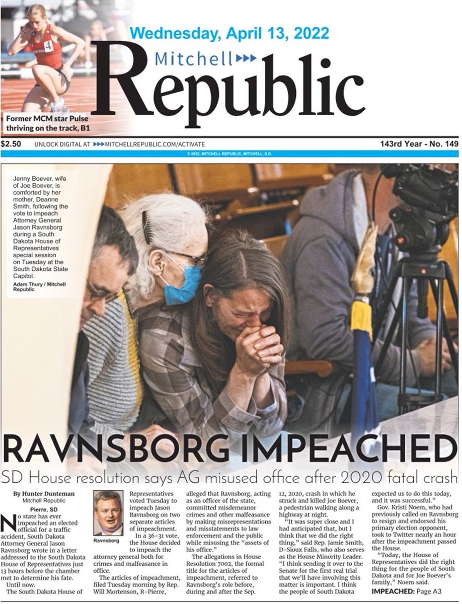 I just came across this amazing photo of Jenny Boever being comforted by her mother as the House voted to impeach the AG. The photo+article take up the entire top fold of the @dailyrepublic.

The photographer, Adam Thury, started working at his hometown paper just last month. https://t.co/iKidIfJ19p