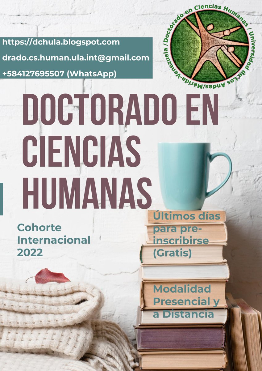 DradoCsHumUla's tweet photo. El #Doctorado en Cs. Humanas de la @ULA_Venezuela en #Mérida, informa que siguen abiertas las pre-inscripciones (gratuitas) para la Cohorte Internacional 2022. Interesados en #RepúblicaDominicana #PuertoRico visitar: https://t.co/BO2G7xXY96 #ULTIMAHORA https://t.co/m9XKh3vkGR