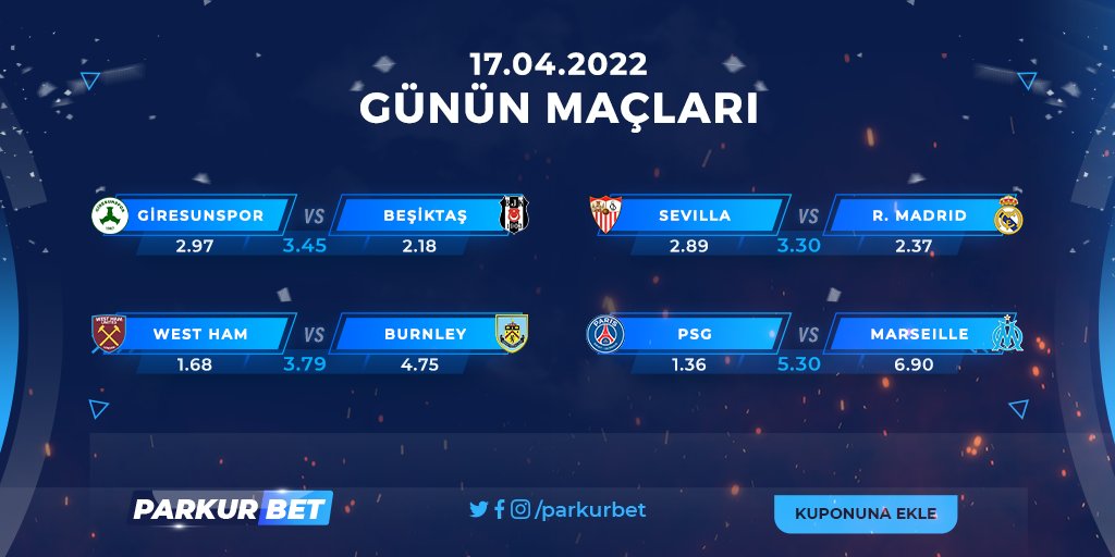 ⚽️Giresunspor 🆚 Beşiktaş
⚽️Sevilla 🆚 Real Madrid
⚽️West Ham 🆚 Burnley 
⚽️PSG 🆚 Marseille

Günün maçları nasıl sonuçlanır? Kuponuna eklemeyi unutma!

#Parkurbet ile %25 ÇEVRİMSİZ SPOR BAHSİ BONUSU fırsatını kaçırma!

Giriş🔜parkurbet232.com