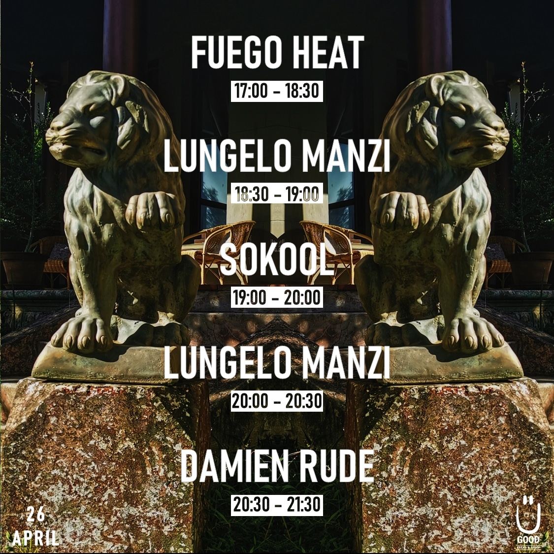 Here are your set times for HABITAT.

17:00 - 18:30
Fuego Heat

18:30 - 19:00
<a href="/LungeloManzi/">mānzi.</a> (first set)

19:00 - 20:00
@sokoolza

20:00 - 20:30
@lungelomanzi (second set)

20:30 - 21:30
Damien Rude

Presales: qkt.io/habitatvol1

instagram.com/habitat_dbn/

26 April