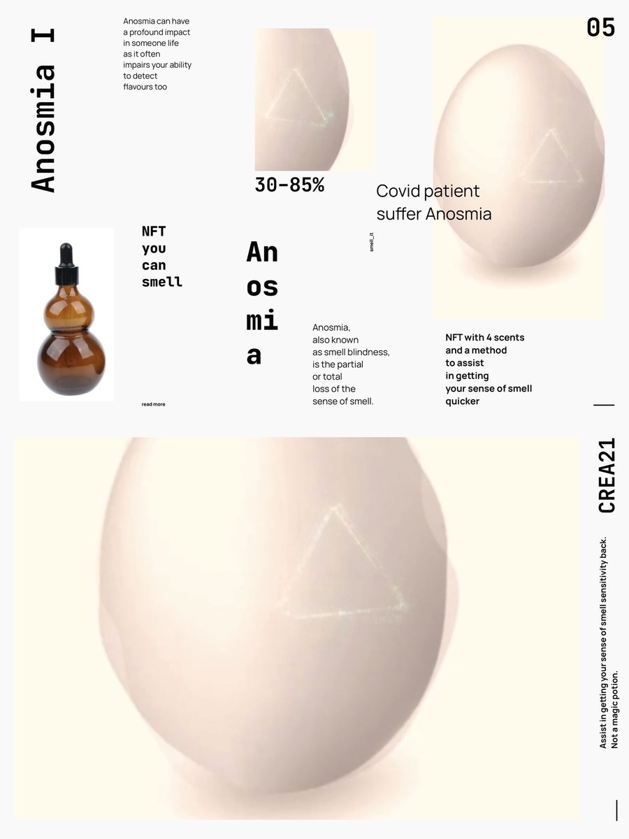 superultrart's tweet photo. Anosmia I (Creation 2021)

1 digital / crypto asset
+
4 physical scents
+
1 method 

Get your sense of smell back! 

#multisensoryNFT #NFTtosmell #smell https://t.co/4HeHYZXCF3