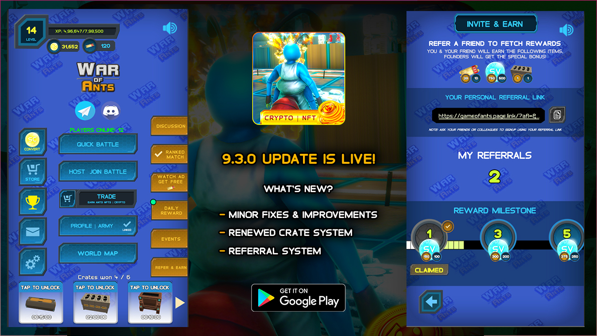 ants_war's tweet photo. [Crate &amp; referral update]
🔼9.3.0 update is live✅, now win new crates, invite your friends &amp; colleagues to get rewards.

Android download👉https://t.co/bNiVxwHicX

#unity3d  #indiegame  #poweredbyenjin #BlockchainGaming  #NFTs  #cryptocurrency https://t.co/EeNIGSN6px
