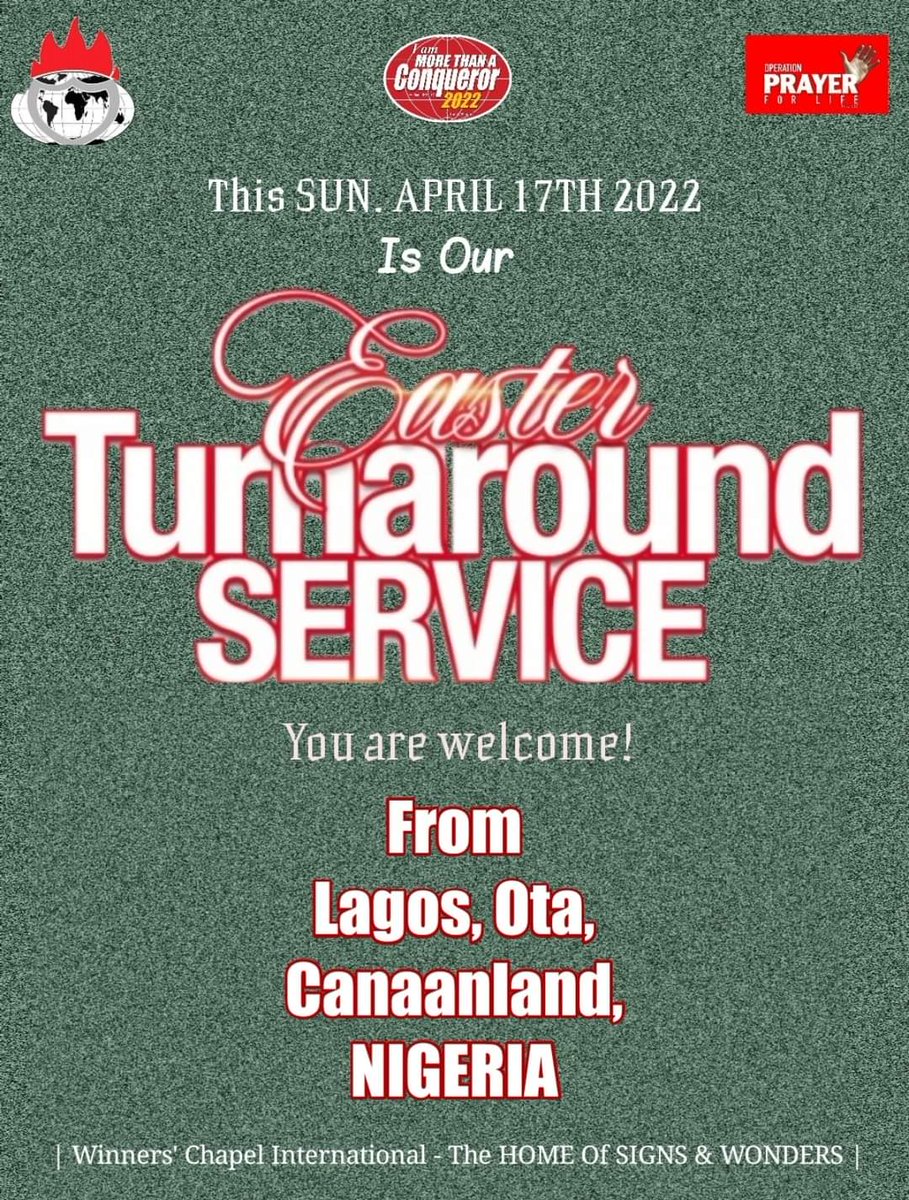 WinnersChapelNL's tweet photo. #StreamingLink updated Via #YouTube  from #Canaanland - 01:
EASTER TURNAROUND SERVICE | SUN., APRI. 17TH., 2022 - Is Now LIVE Or  On Demand, From #Canaanland  Via #YouTube 👉   https://t.co/rTcBtZM6Yw 👈|👉 https://t.co/KAXVl1M1VC 👈| #IAmRedeemedAWonderToMyWorld | https://t.co/BkQOkFjSPe