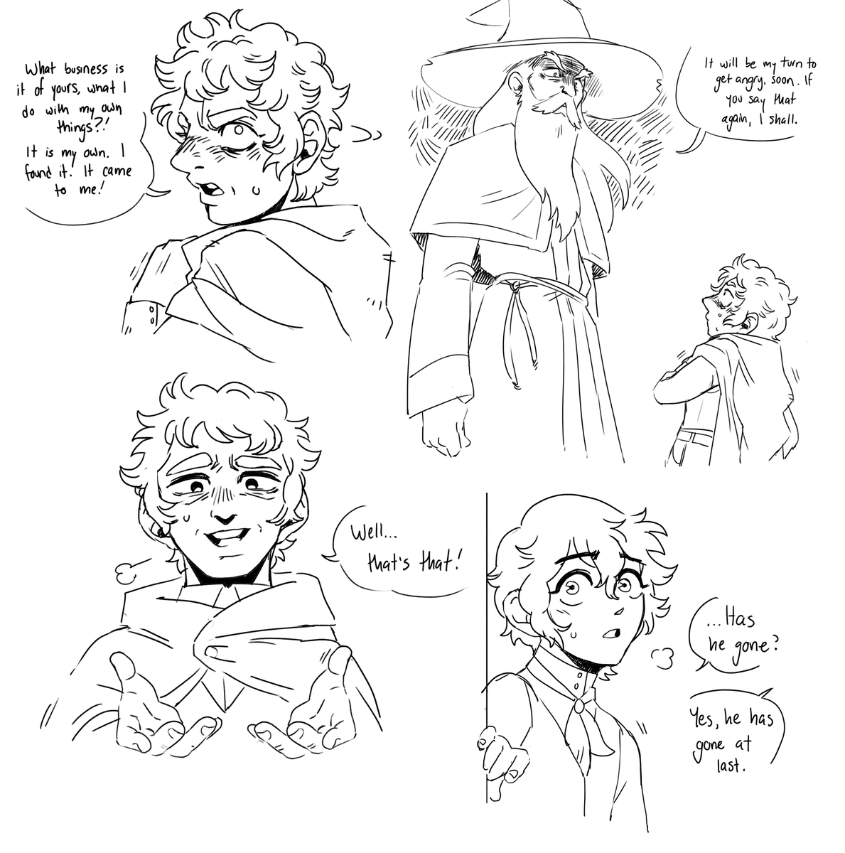 started reading the fellowship of the ring the other night. the first chapter made me sad after reading the hobbit so here's some first chapter doodles. i will draw more tho, i really like my frodo design, he's baby 🥹 