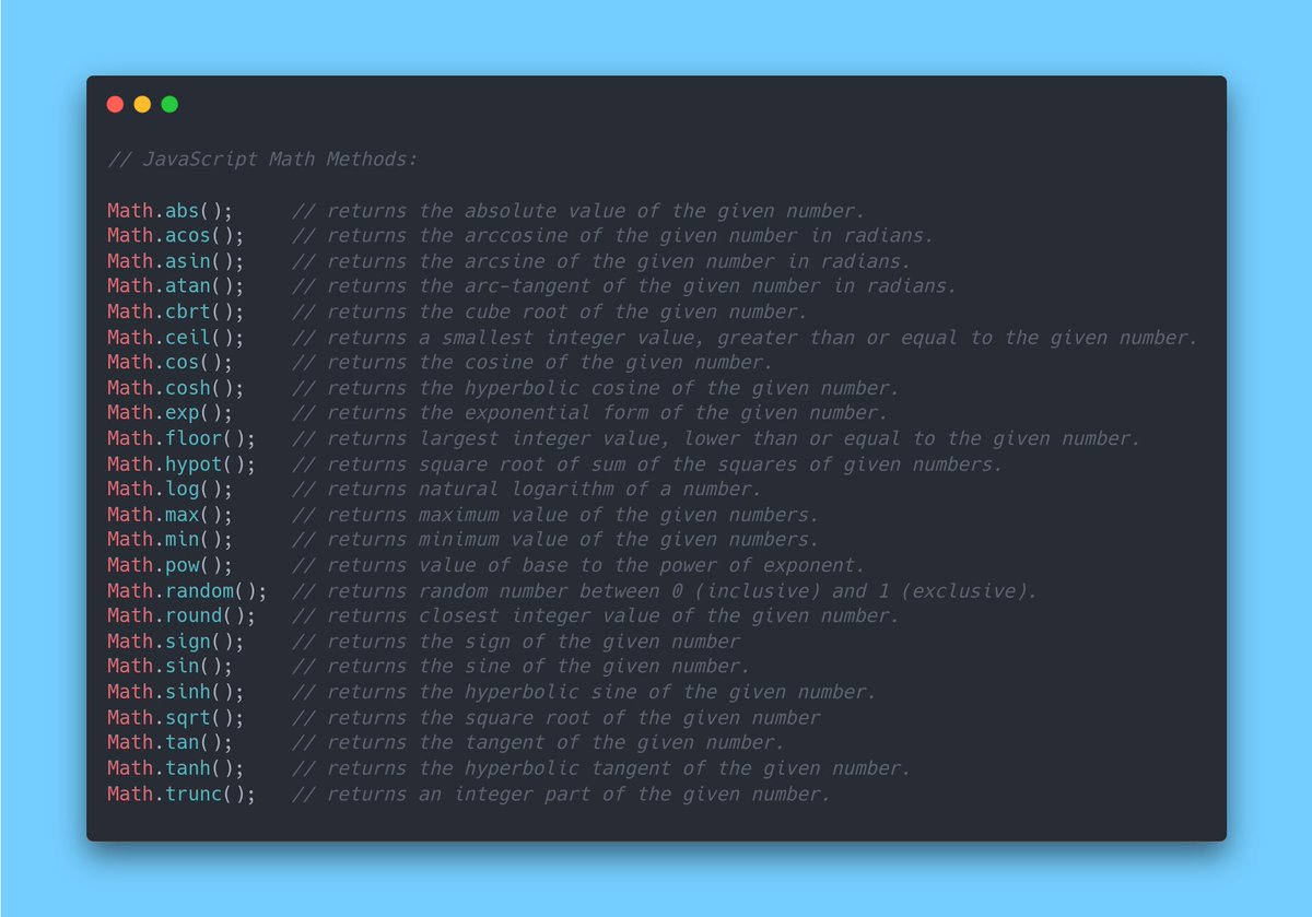 BendikMatej's tweet image. JavaScript Math Methods.

A cheat sheet 👇