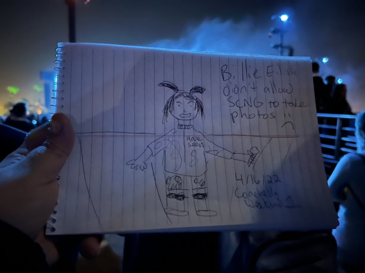 vanessafranko's tweet photo. Billie Eilish didn’t allow SCNG to take photos tonight so she gets a Terrible Stick Figure Drawing (to be clear, she is not terrible, I am not a skilled illustrator). #coachella https://t.co/lnxOlBhHhr