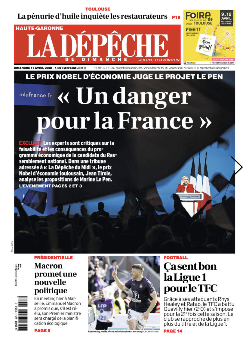 La parole, rare, du #Nobel d #Economie Jean #Tirole à lire ce dimanche dans ⁦<a href="/ladepechedumidi/">La Dépêche du Midi</a>⁩ : « Le programme de Marine #LePen est dangereux pour la #France » #Presidentielle2022